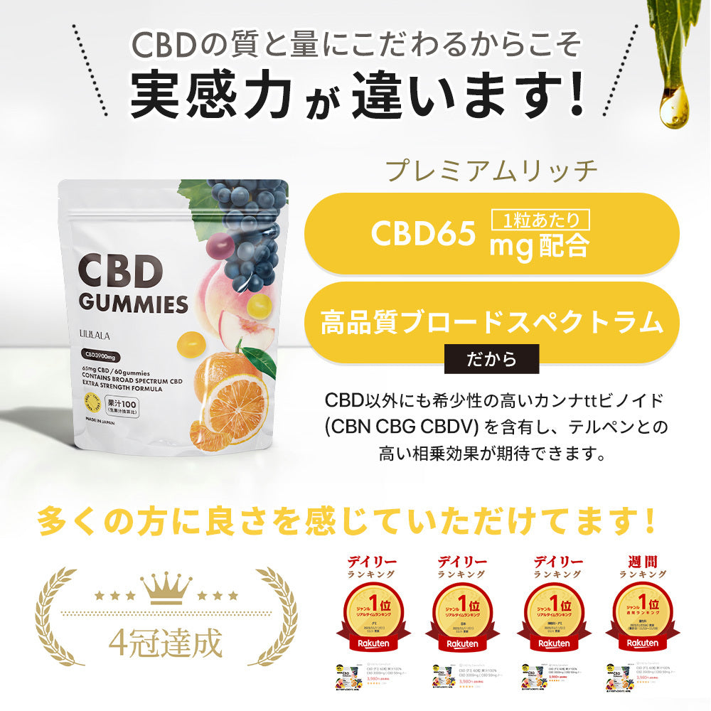 CBD グミ 60粒 果汁 100% (65mg/1粒) ブロードスペクトラムCBD配合 LILILALA